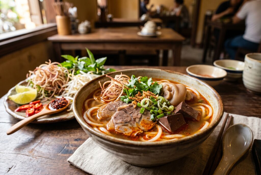 A bowl of spicy bun bo Hue noodle soup from Central Vietnam served at Vietnam Palace Restaurant Ottawa