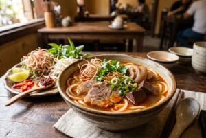 A bowl of spicy bun bo Hue noodle soup from Central Vietnam served at Vietnam Palace Restaurant Ottawa