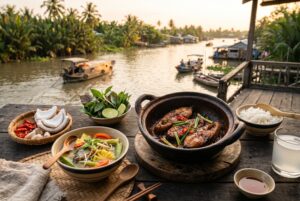 Mekong Delta Vietnamese cuisine featuring clay pot caramelized fish and fresh river seafood with tropical herbs