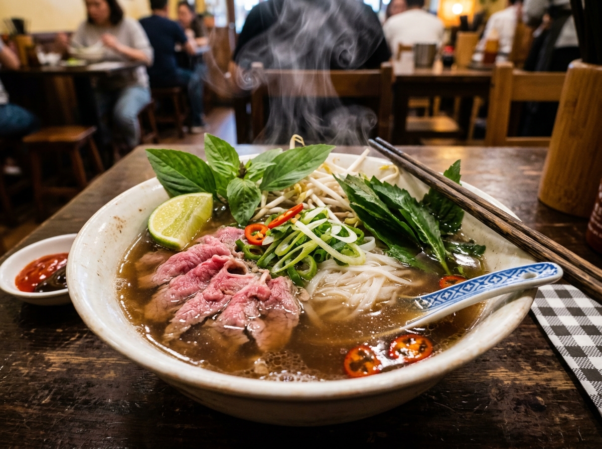 Bowl of Vietnamese beef pho bo with rare sliced beef brisket tendon and rich dark broth at Vietnam Palace Ottawa