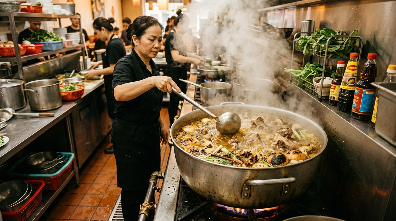 Authentic Vietnamese pho bone broth simmering with star anise, cinnamon and charred aromatics - the traditional broth-making process at Vietnam Palace Ottawa