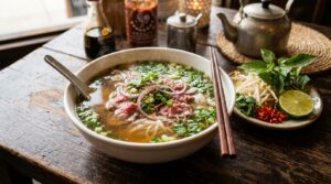 Authentic pho bowl at Vietnam Palace, Ottawa Chinatown on Somerset Street - rich golden bone broth with rare beef, rice noodles and fresh herbs