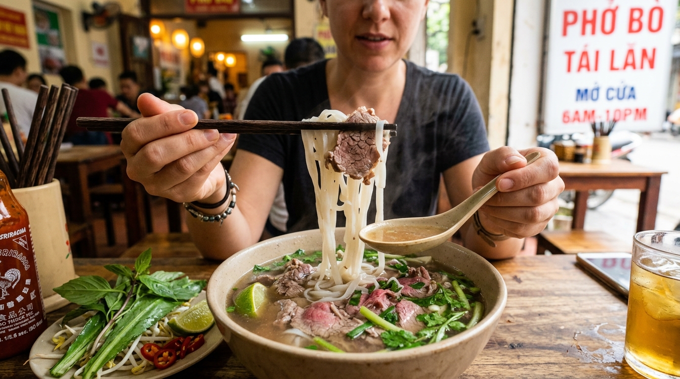 Person eating Vietnamese pho with chopsticks and spoon proper technique at Vietnam Palace Ottawa