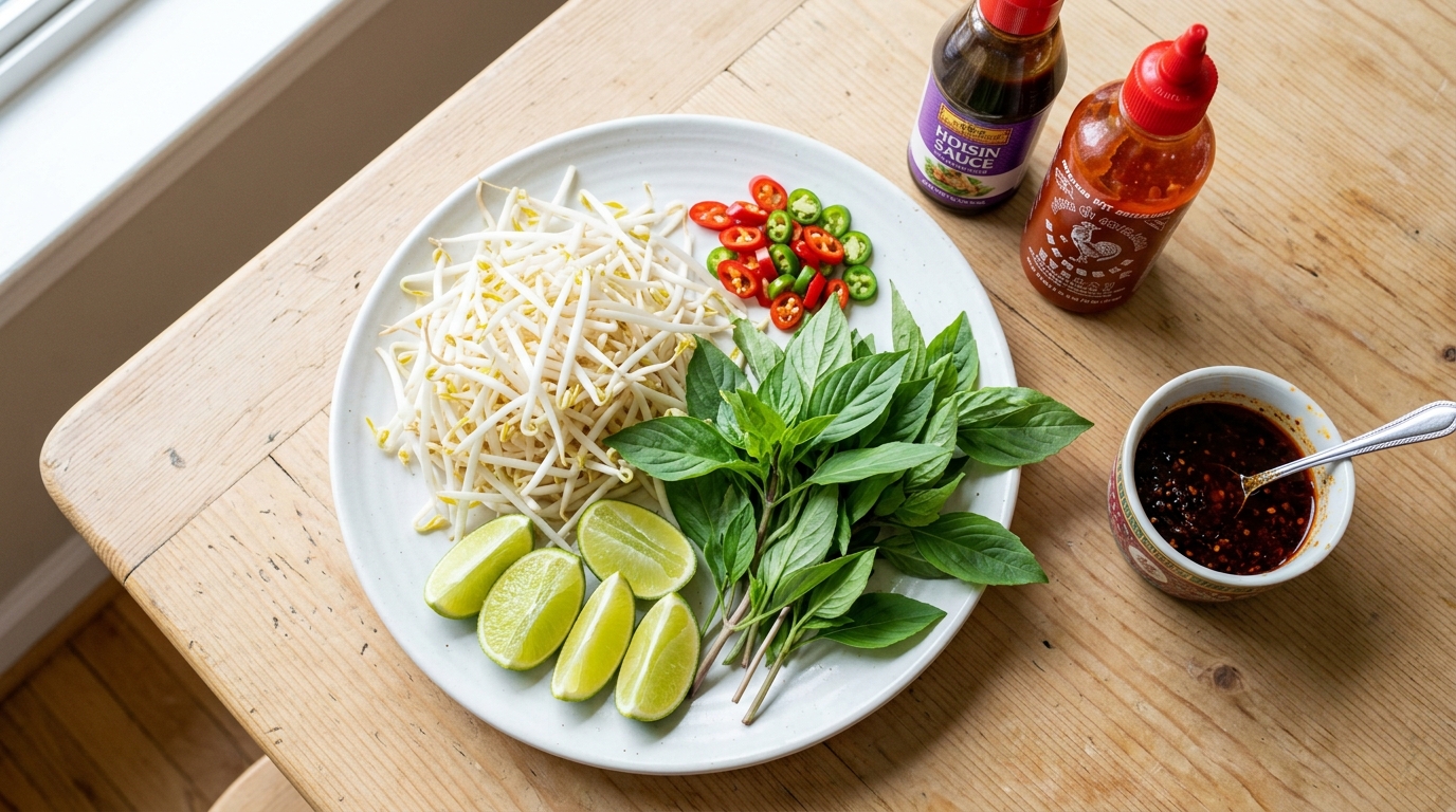 Fresh pho garnish plate with bean sprouts, Thai basil, lime wedges and bird eye chilies - authentic pho condiments at Vietnam Palace Chinatown Ottawa