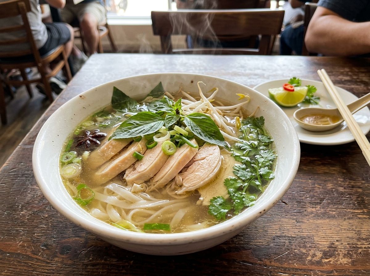 Bowl of Vietnamese chicken pho ga with golden broth shredded chicken fresh herbs and rice noodles at Vietnam Palace Ottawa