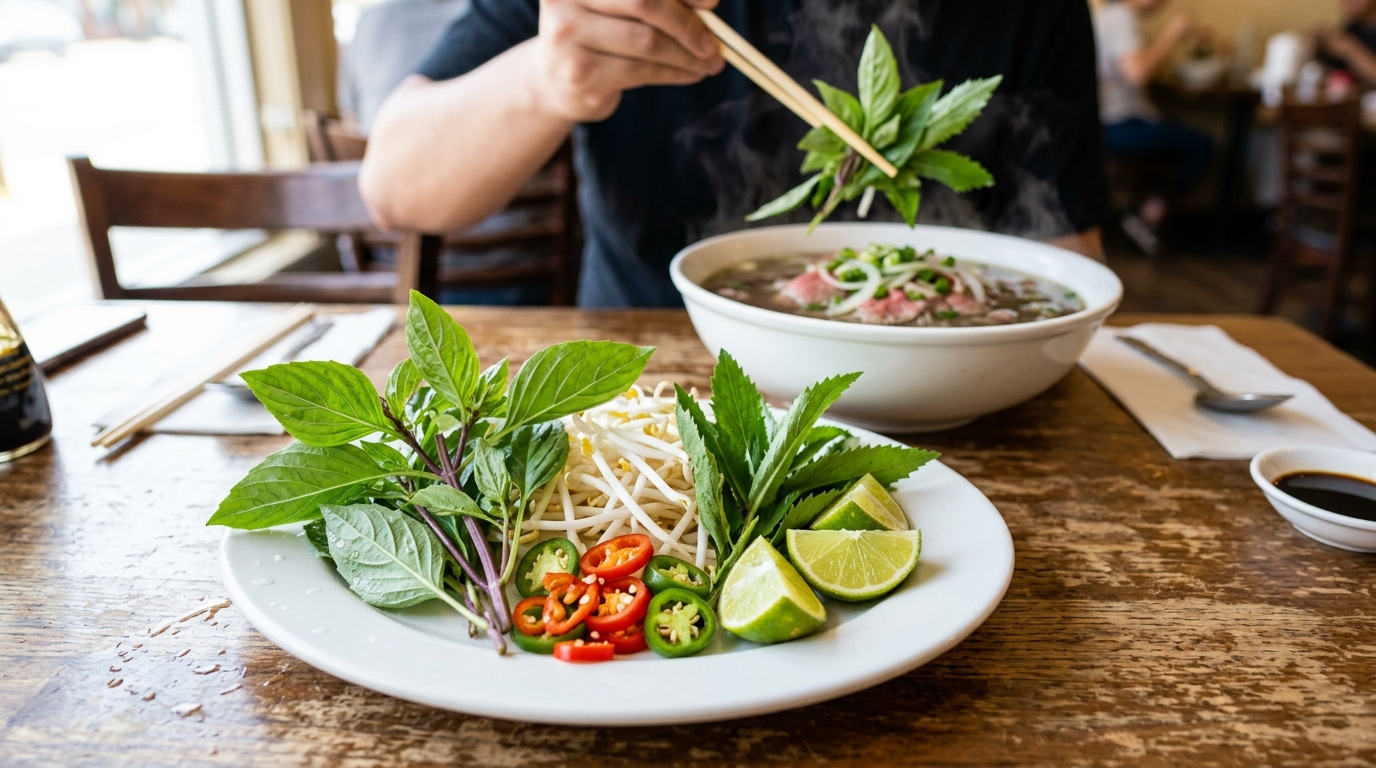 Fresh Vietnamese herb plate with Thai basil bean sprouts lime wedges and chili for pho at Vietnam Palace Ottawa