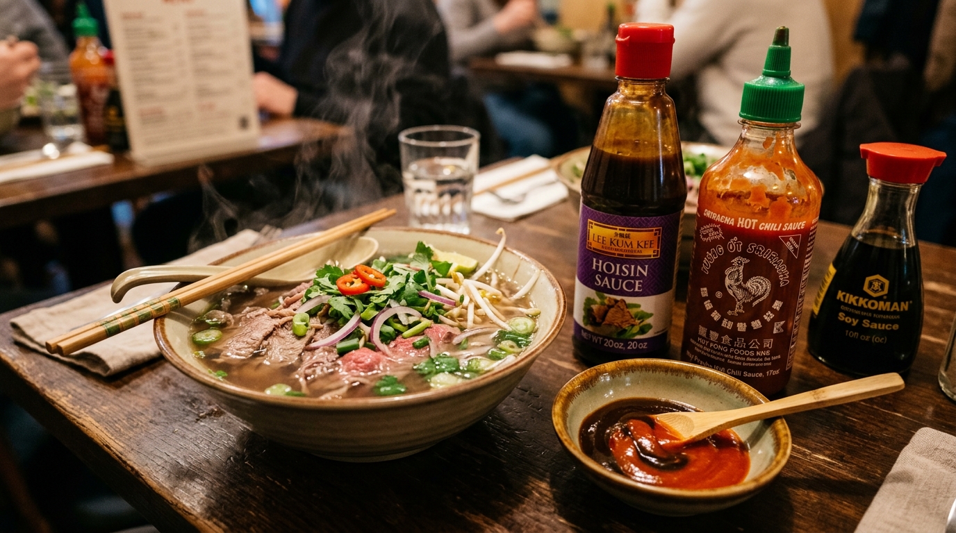 Hoisin sauce and Sriracha bottles next to a bowl of pho with condiments at Vietnam Palace Ottawa restaurant