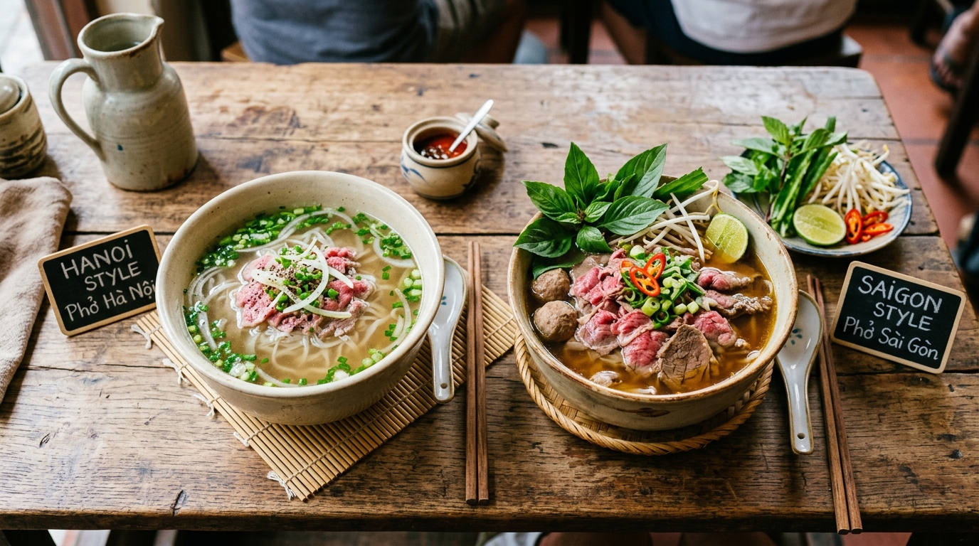 Comparison of northern Hanoi style pho and southern Saigon style pho showing different toppings and broth colors