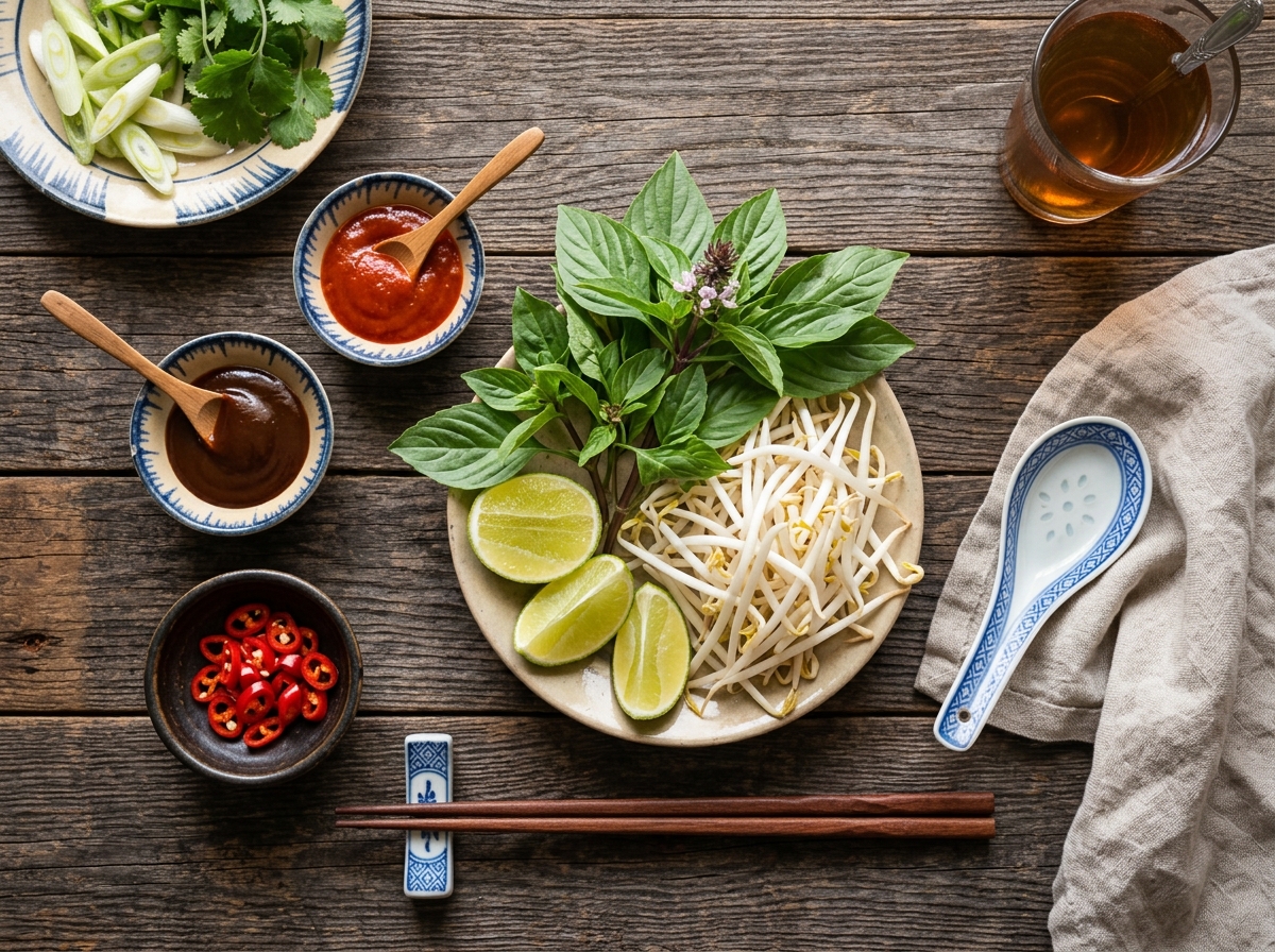 Pho toppings and condiments including hoisin sauce sriracha bean sprouts Thai basil and lime at Vietnam Palace Ottawa