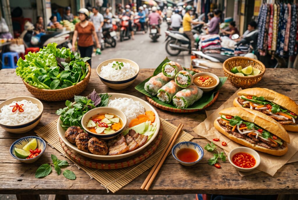 Vietnamese street food spread with bun cha, fresh spring rolls, and banh mi sandwiches served at Vietnam Palace Restaurant Ottawa
