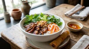 Vietnamese grilled pork vermicelli bowl (bún thịt nướng) with herbs, pickled vegetables and peanuts at Vietnam Palace in Ottawa