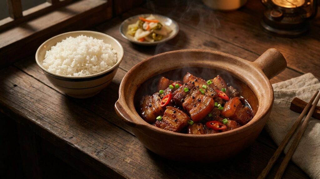 Vietnamese caramelized pork in a clay pot (thịt kho tộ) with steamed rice at Vietnam Palace in Ottawa