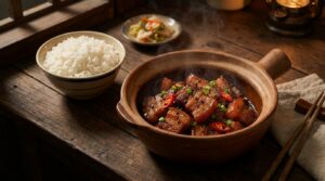 Vietnamese caramelized pork in a clay pot (thịt kho tộ) with steamed rice at Vietnam Palace in Ottawa