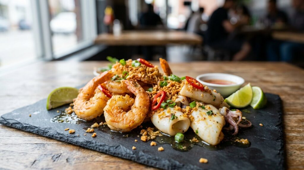 Vietnamese seafood platter with salt and pepper shrimp and garlic butter squid, chili and lime at Vietnam Palace in Ottawa
